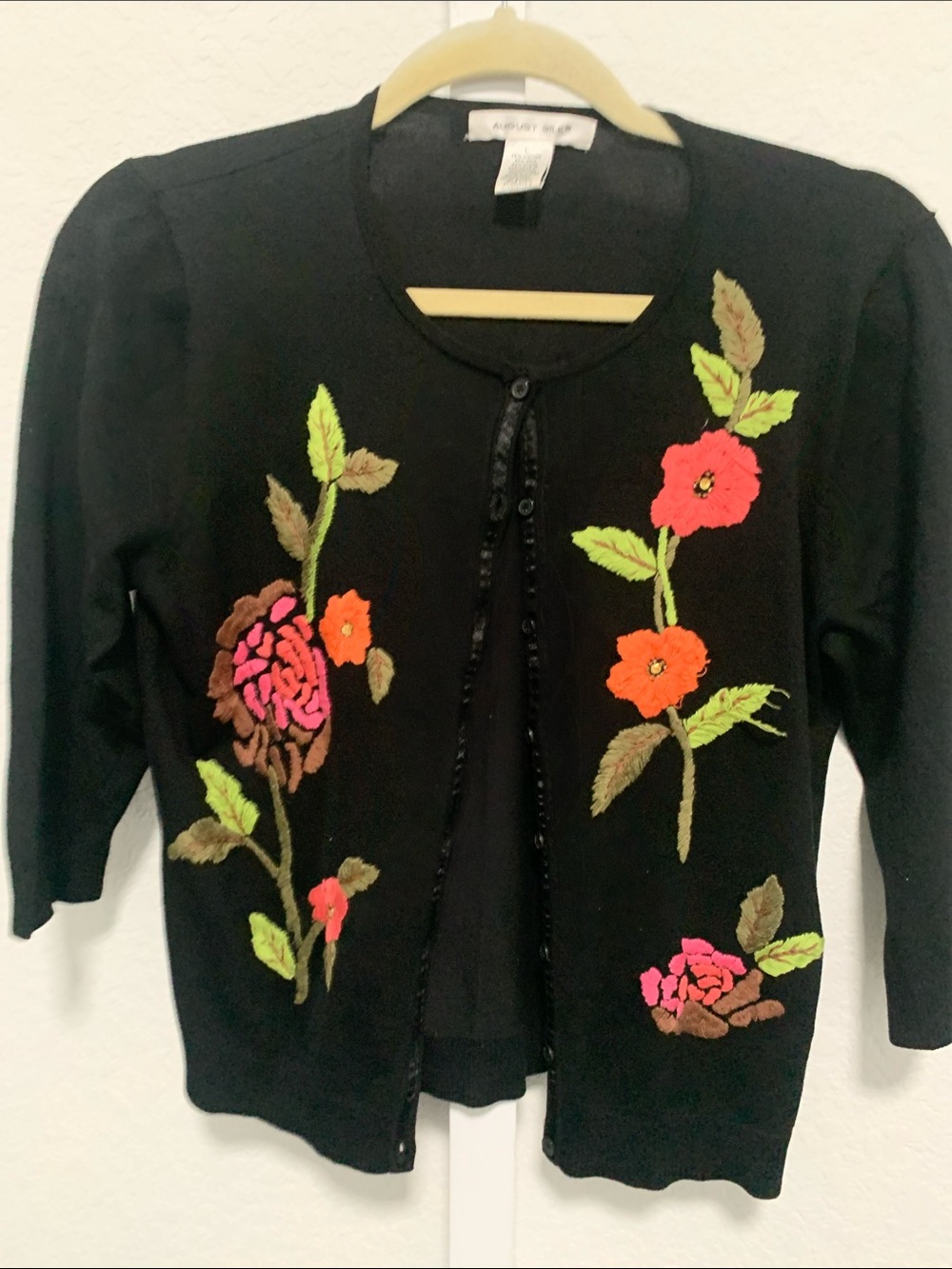 Y2K August Silks Black Grandma Cardigan with Pink and Orange Floral Embroidery - Picture 3 of 5